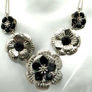 2028 Brand Metal Flower Necklace Black Silver-tone Crystal Signed